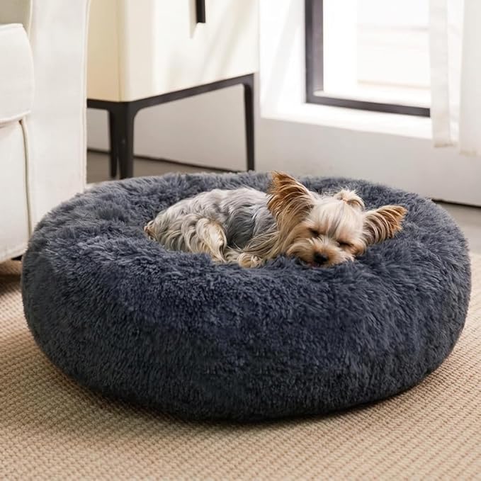WNPETHOME Calming Dog Beds for Large Dogs, Anti-Anxiety Donut Pet Bed, Fluffy Faux Fur Plush Dog Bed，Warming Cozy Soft Round Pet Bed for Large Jumbo Dogs, Cat Cuddler Cushion