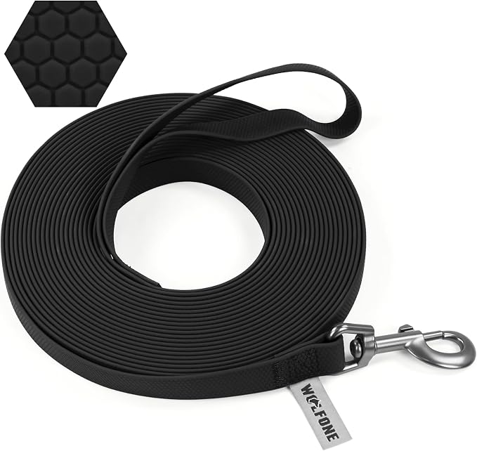 Wolfone 50ft Black Heavy Duty Robust Training Dog Leash with Anti-Slip Handle，Waterproof Long Dog Leash for Outdoor Activities