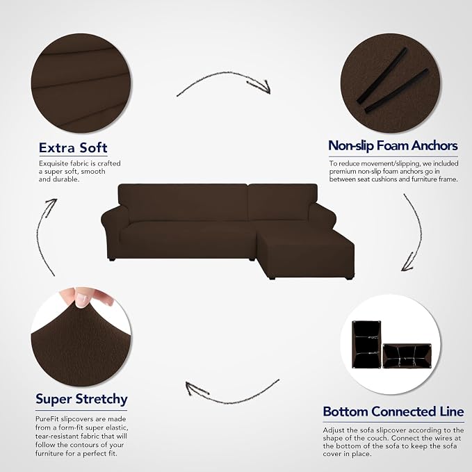 PureFit Super Stretch Sectional Couch Covers - 2 pcs Spandex Non Slip Sofa Covers with Elastic Bottom for L Shape Sectional Sofa Couch, Great for Kids & Pets (3 Seat Sofa + 2 Seat Chaise, Coffee)