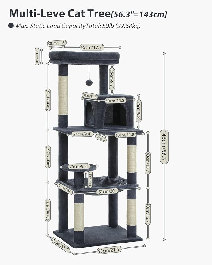 MUTTROS Cat Tree for Large Cats with Metal Plush Big Hammock, 56.3" Cat Tower for Indoor Cats with 2 Door Condo House, 6-Tier Cat Shelves with Scratching Posts and Large Top Perch, Dark Gray
