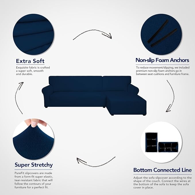 PureFit Super Stretch Sectional Couch Covers - 2 pcs Spandex Non Slip Sofa Covers with Elastic Bottom for L Shape Sectional Sofa Couch, Great for Kids & Pets (3 Seat Sofa + 2 Seat Chaise, Navy)