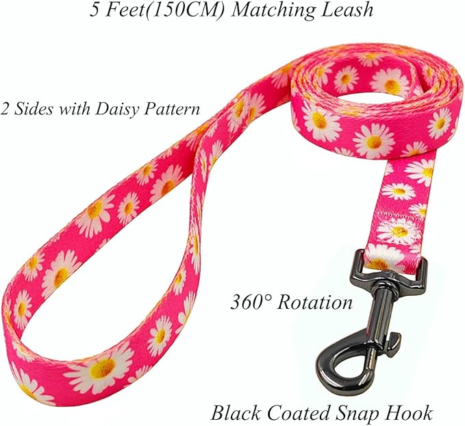 Dog Collar and Leash Set, Cute Pink Daisy Pattern, Polyester Material, 5ft Leash, for Puppy Dogs.(XS, Daisy Set)