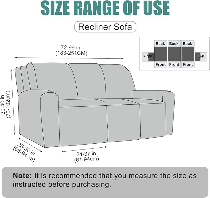 Genina Recliner Sofa Covers - Stretch Reclining Couch Covers with Stripe Jacquard - 3 Seat Cushion Slipcovers with Soft Fabric - Furniture Protector for Pet Kid (Light Blue)