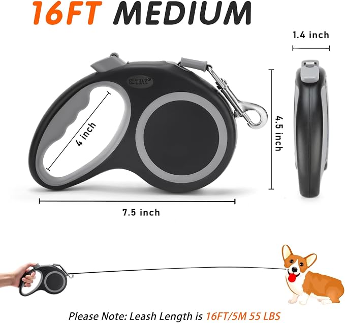 Retractable Dog Leash, Heavy Duty Dog Leash for Dogs up to 110lbs, Strong Nylon Tape No Tangle, One-Handed Brake, Pause, Lock, Perfect for Medium Large Dogs; Black (Black, 16 FT (0-55 lbs))