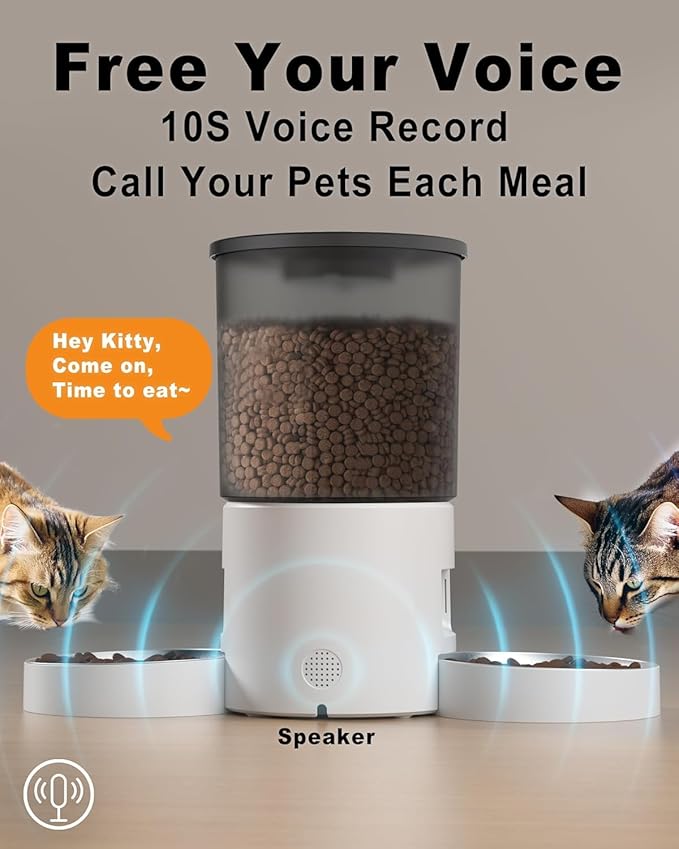 Dual Automatic Cat Feeder 2 Cats, 4.2L Dry Food Auto Dispenser with Double Stainless Steel Bowls,Dual Power Supply,Programmable Portion Control,10s Voice Recorder (Transparent White)