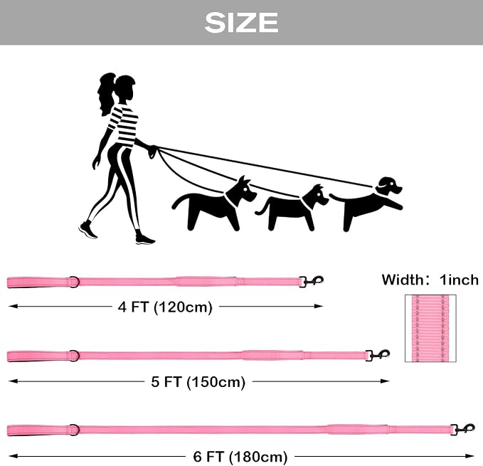 Joytale Dog Leash Heavy Duty for Large Dogs that Pull, Double Handle for Traffic Control, Double-Sided Reflective Leashes for Large Medium Dogs Night Safety, 4FT, Pink