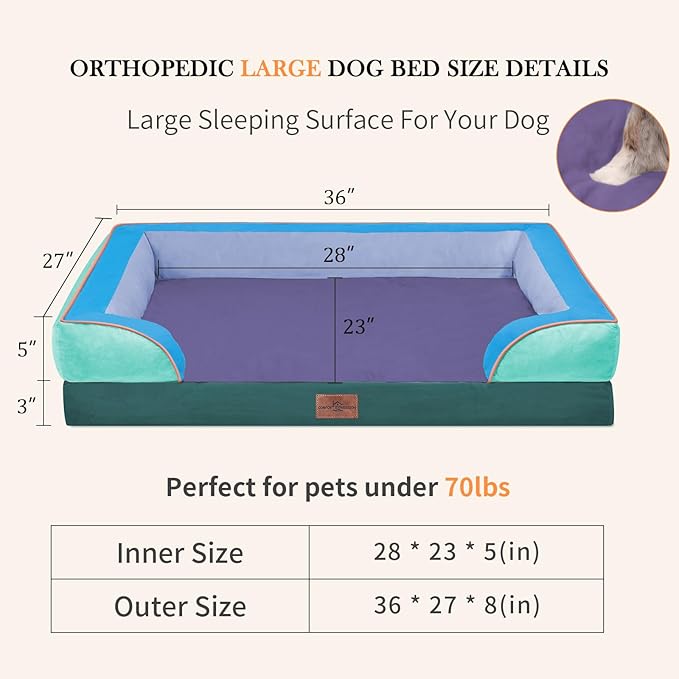 Comfort Expression Orthopedic Dog Bed for Large Dogs 36x27 Inch, Waterproof Egg Crate Foam Large Pet Bed with Bolsters, Dog Couch with Washable Cover & Non-Slip Bottom, Violet Tide