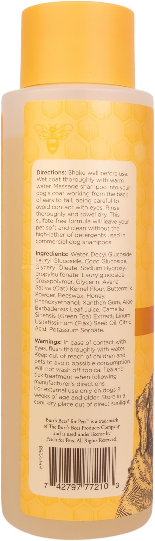Burt's Bees for Pets Oatmeal Dog Shampoo with Honey, Soothing Formula for Itchy and Sensitive Dog Skin, Colloidal Oat Flour and Honey, pH Balanced, Sulfate-Free, 16 Fl Oz