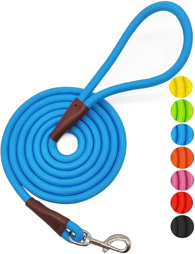 MayPaw 4/6 /8/10 FT Dog Leash, Classic Solid Colors, Strong Nylon Rope Dog Leash Reinforced with Leather Tailor Connection Heavy Duty Silver Clasp (Blue, 4ft*1/2")