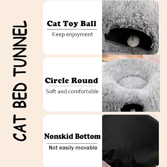 Cat Bed Tunnel Tube Toy Grey Plush Round, Collapsible Pet Tunnels for Indoor Cats, Interactive Toys Play Tubes with Hanging Ball for Fun Playtime & Exercise for Kitten, Puppy, Rabbit