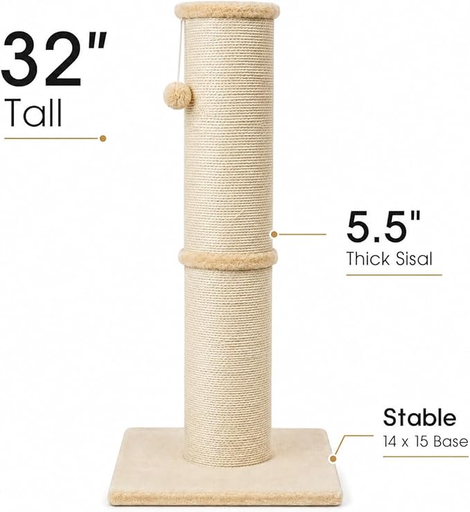 PAWSCRAT Cat Scratching Post 32 Inch High, 5.5 Inch Large Diameter Natural Sisal Cat Scratch Post, Scratch-Resistant and Durable Tall Cat Scratcher for Indoor Cats, Protect Your Furniture, Beige