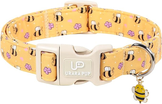 Bee Cotton Dog Collar, Summer Spring Bee Floral Pattern,Adjustable Soft Pet Collar with Cute Charm/Durable Buckle, Lightweight Comfortable for Small Medium Large Dogs