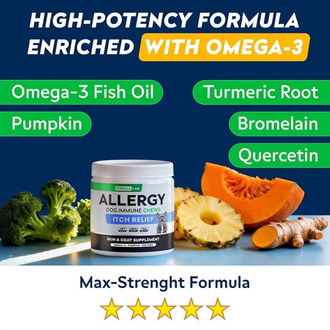 StrellaLab Dog Allergy Relief & Anti Itch Support Chews w/Omega 3: Real Ingredients, Real Taste! Skin & Coat Immune w/Fish Oil, Pumpkin & Enzymes — Developed by Experts - Made in USA - 60Ct