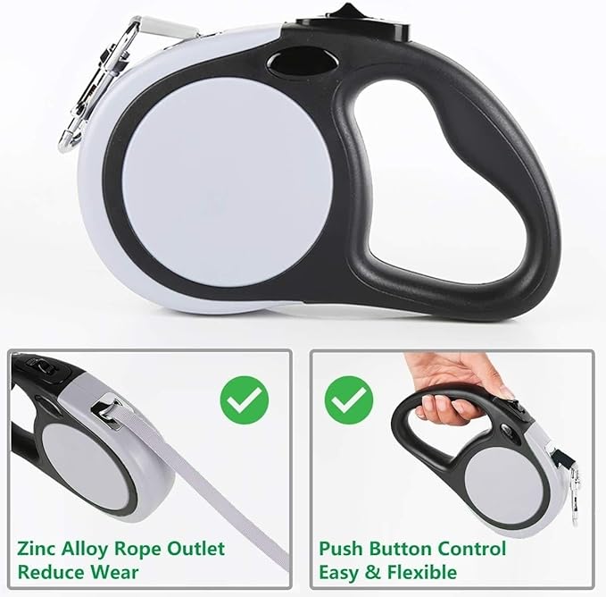 Dual Retractable Dog Leash for 2 Large Dogs (Up to 110 Lbs Each) - Double Headed 18.5 ft Extendable Pet Leash with Poop Bags, Non Slip Grip - One Button Break & Lock, 360 Tangle-Free (Gray, Large)