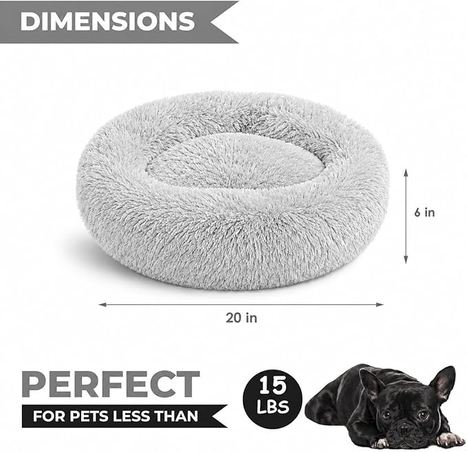 Whiskers & Friends Cat Beds for Indoor Cats, Fluffy Calming Donut Cat Bed, Small Dog Bed Washable - Orthopedic Soft Plush Pet Beds Sized for Kitten to Large Cats & Puppy to Small Dogs, Light Grey 20''