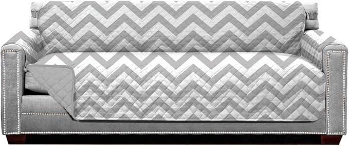 Sofa Shield® Couch Slip Covers for Dogs, Reversible Furniture Protector with Strap, Stain and Tear Resistant Cushion Cover, 78 inch Seat, Machine Washable Slipcover Pets, Cats, Chevron Gray