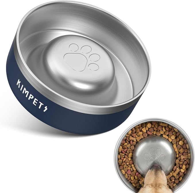 Dog Slow Feeder Bowl Slow Eating Dog Bowl Slow Feeder Dog Bowls 304 Stainless Steel Double Wall Durable Non-Slip Rubber Base - Blue
