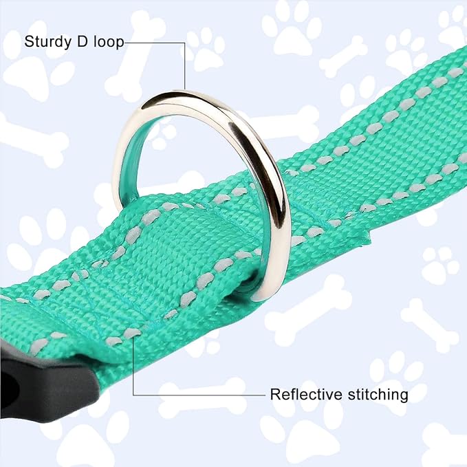 FunTags Length 14" - 20" Reflective Turquoise Dog Collar for Medium Dogs – Night Walking & Training Safety, Durable Quick Release Buckle, Nylon, Comfortable Adjustable, Width 1"