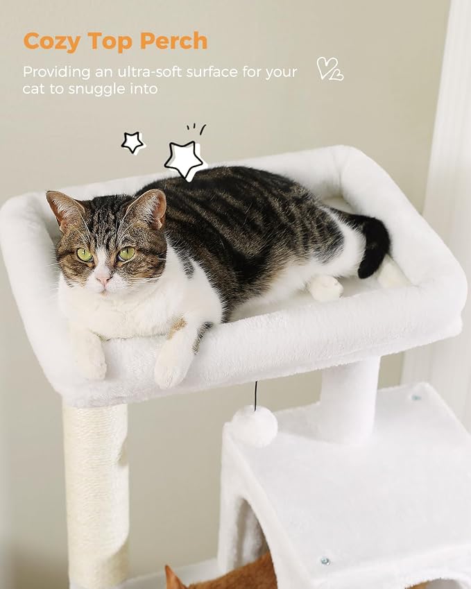 MUTTROS Cat Tree for Large Cats with Metal Plush Big Hammock, 56.3" Cat Tower for Indoor Cats with 2 Door Condo House, 6-Tier Cat Shelves with Scratching Posts and Large Top Perch, Cream White