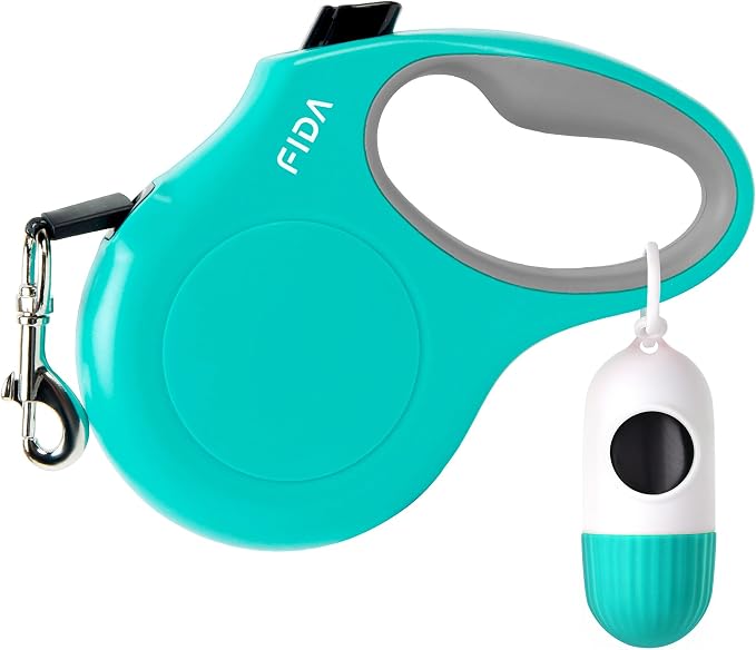 Fida Retractable Dog Leash with Dispenser and Poop Bags, 16 ft Pet Walking Leash for Medium Dog or Cat up to 44 lbs, Anti-Slip Handle, Tangle-Free, Reflective Nylon Tape (M, Teel)