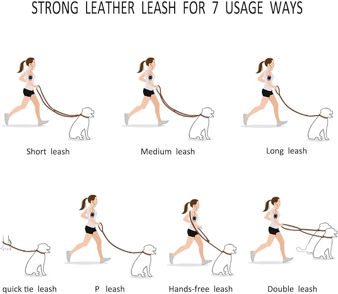 Multi Function 8ft Genuine Leather Hands Free Dog Training Leash for Puppy Small and Medium Dogs (8 Foot*3/8 inch, Red)