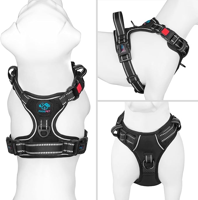 PHOEPET Reflective Dog Harness Large Breed Adjustable No Pull Vest with Handle 2 Metal Rings 3 Buckles [Easy to Put on & Take Off](XL, Black)
