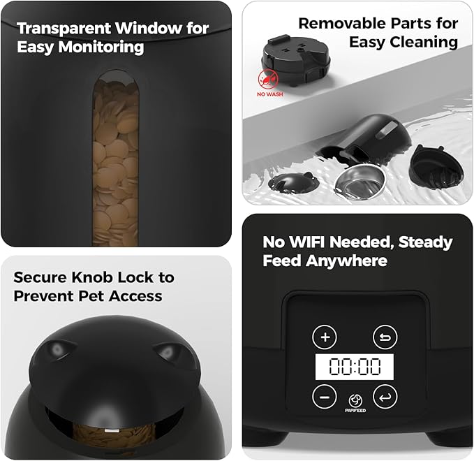 PAPIFEED Automatic Cat Feeder with App, 2.4G WiFi Cat Food Dispenser, 3L Timed Cat Feeders for Dry Food, Slow Feeding Mode, Dual Power Supply Smart Pet Feeder for Cat, Black