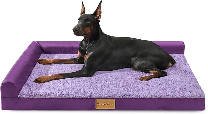 Patas Lague Orthopedic XL Dog Bed Large Sized Dog 42''X28'', Waterproof L Bolster Big Large Pet Sofa Beds with Removable Washable Cover, Soft Pet Couch Crate Mat with Nonskid Bottom, Purple
