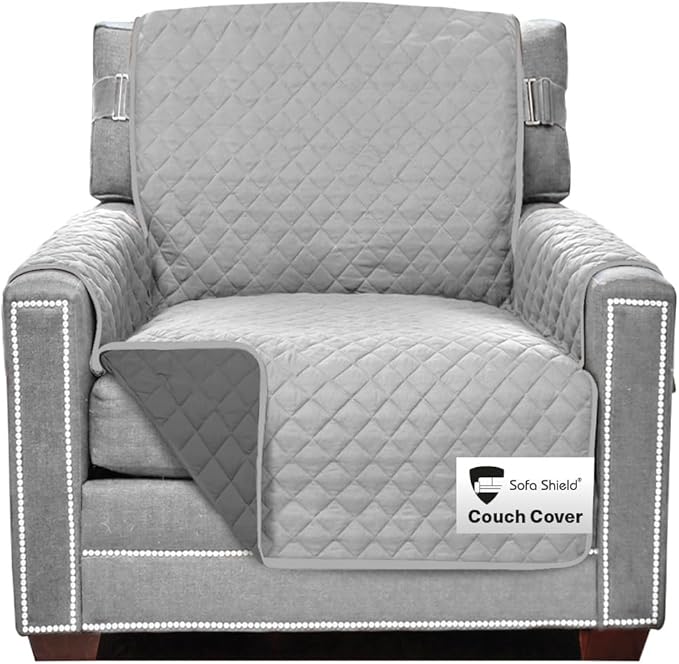 Sofa Shield® Couch Armchair Covers for Dogs, Reversible Furniture Protector with Strap, Stain and Tear Resistant Cushion Cover, 23 inch Seat, Machine Washable Slipcover Pets, Cats, Light Gray Charcoal