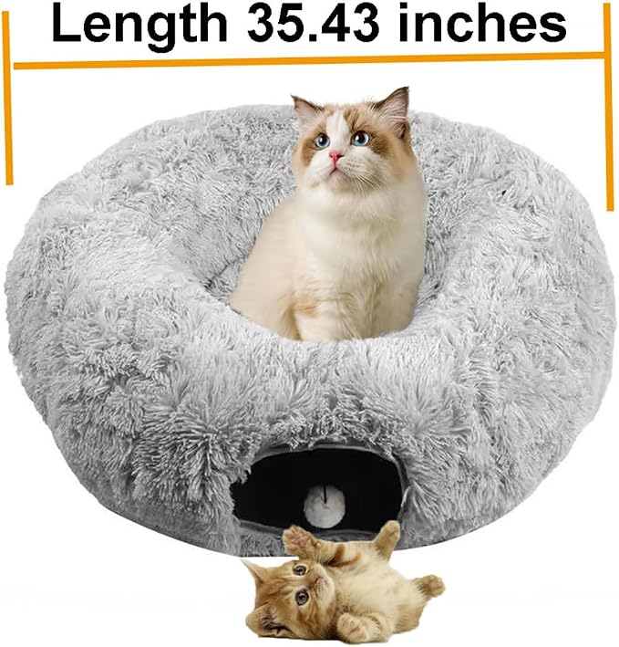 Cat Bed Tunnel Tube Toy Grey Plush Round, Collapsible Pet Tunnels for Indoor Cats, Interactive Toys Play Tubes with Hanging Ball for Fun Playtime & Exercise for Kitten, Puppy, Rabbit
