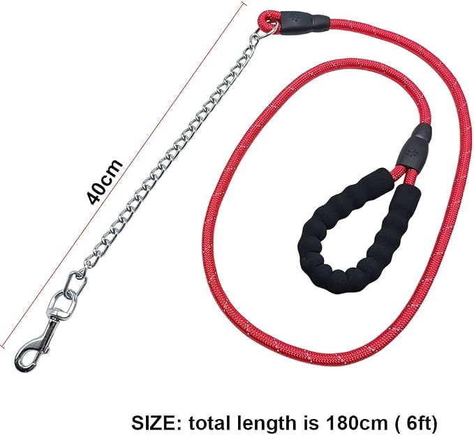BTINESFUL 6FT Chewproof Dog Leash, Strong Nylon Rope with Anti-Chewing Chain and Padded Handle for Medium Large Dogs Outdoor Training Walking Hiking (red)