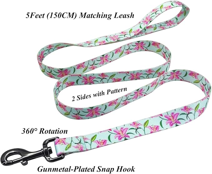 Dog Collar Leash Set, Floral Pattern, Polyester Material, Adjustable Collar and 5ft Matchcing Leash, for Small Dogs.(S, Green Lily)