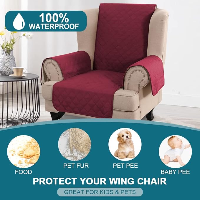 Turquoize 100% Waterproof Wing Chair Cover Wing Armchair Slipcovers Chair Couch Protector Triple Non-Slip Sofa Slipcover for Wing Chair Furniture Protector for Pets, Kids,Dog (Wing Chair, Burgundy)