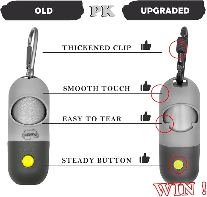 Dog Poop Waste Bags Holder with LED Flashlight|Cute Doggie Poo Bags Dispenser for Pet Leash|Trash Waste Bags Carrier with Potty Clip Fastener LR44 Button Cells Included (Grey, 1 Holder 195 Bags)