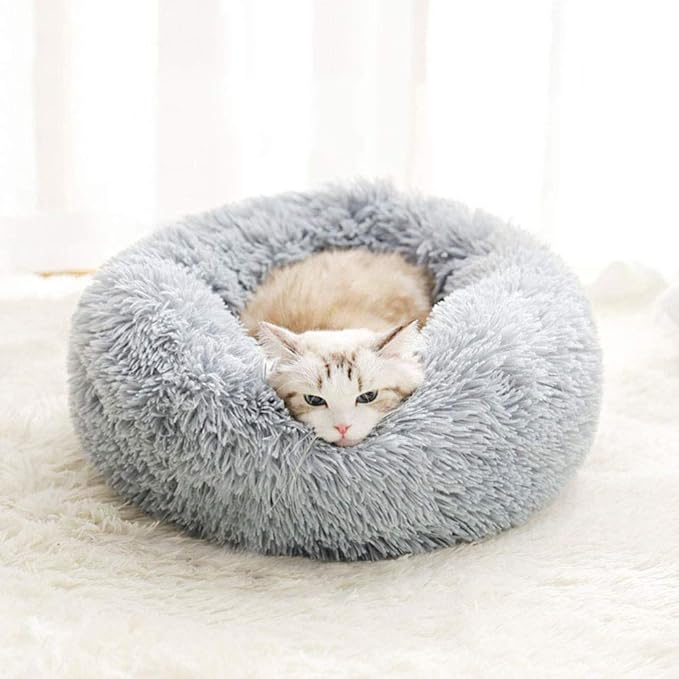 Modern Soft Plush Round Pet Bed for Cats or Small Dogs, Mini Medium Sized Dog Cat Bed Self Warming Autumn Winter Indoor Snooze Sleeping Cozy Kitty Teddy Kennel (24'' D x 8'' H, Light Grey)