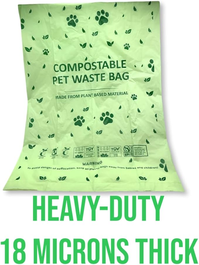 18 Microns Extra Thick premium Home Compostable Dog Poop Bags - Heavy Duty - Leak-Proof Pet Waste Bags with Easy-Tear Perforation - Eco-Friendly & Puncture Resistant