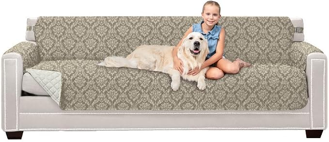 Sofa Shield® Couch Slip Covers for Dogs, Reversible Furniture Protector with Strap, Stain and Tear Resistant Cushion Cover, 88 inch Seat, Machine Washable Slipcover Pets, Cats, Damask Latte Ivory