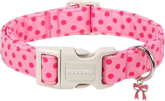 DOGWONG Pink Polka Dots Dog Collar for Medium Dogs, Summer Spring Beach Hawaiian Dog Collars, Pink Girl Dogs Collars for Small Medium Dogs, Neck 14-21 inches