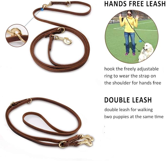 Multi Function 8ft Leather Dog Leash, Genuine Leather Leash Hands Free Dog Training Leashes for Medium and Large Dogs (8 Foot*5/8 inch, Brown)
