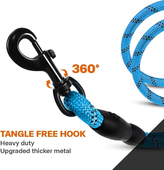 Taglory Rope Dog Leash 5 FT with Comfortable Padded Handle, Highly Reflective Threads Leash and Anti-Tangle Clip for Walking Medium Large Dogs, 1/2 inch, Blue