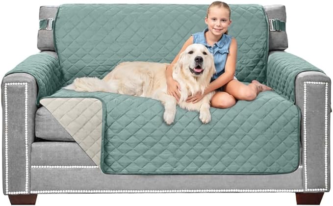 Sofa Shield® Couch Loveseat Covers for Dogs, Reversible Furniture Protector with Strap, Stain and Tear Resistant Cushion Cover, 54 inch Seat, Machine Washable Slipcover Pets, Cats, Seafoam Cream
