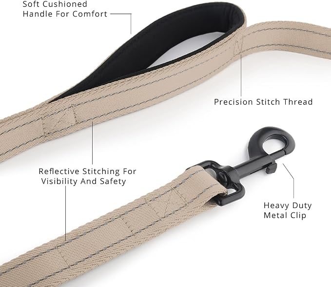 Plutus Pet Double Handle Dog Leash 4ft, Heavy Duty, Reflective Dual Handle Dog Leash for Safety Training, for Medium Large Dogs,2 Handle Leads(Beige)