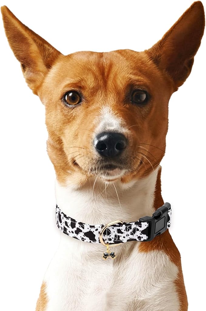 Cotton Dog Collar,Soft and Cute Puppy Collars with Crow Patterned Design for Girl Female Boy Dogs,Adjustable Buckle Pet Collar for Small Medium Large Dogs (Cow Print, L)