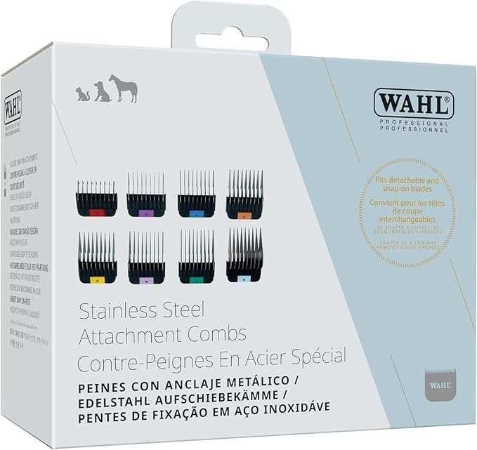 Wahl Pro Animal Stainless Steel Attachment Guide Comb Set for Detachable Blade Clippers - KMC+, KM10+, KM2+, KM Velocity, Supera, Inspire, Thick-Curly - Pet, Dog, Cat, & Horse Grooming - Multicolor 1