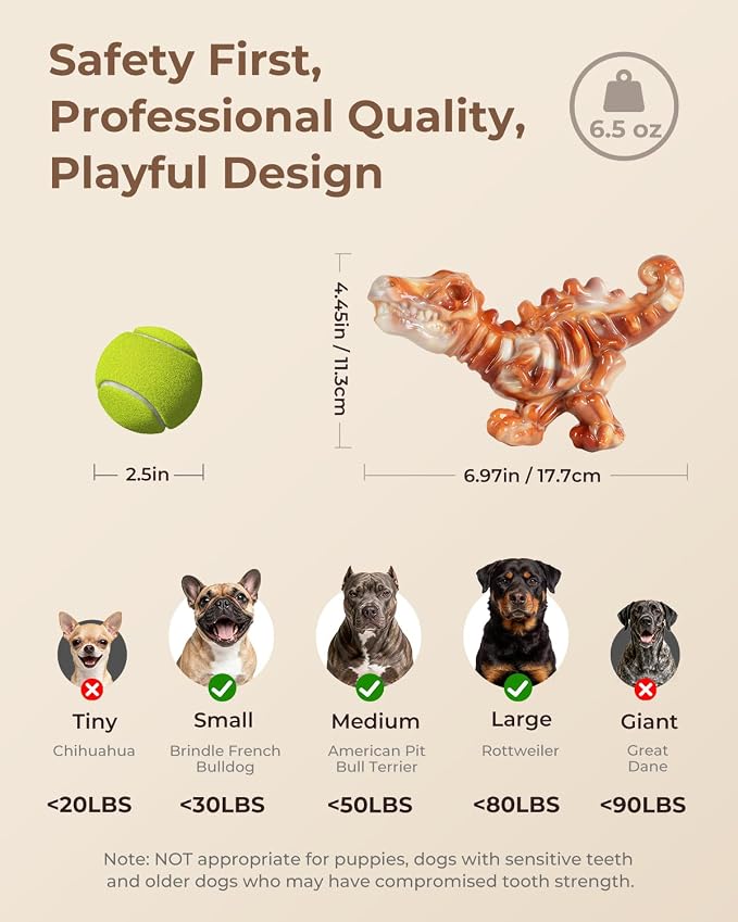 DinoBone Dog Chew Toys for Aggressive Chewers, 2 Pack Tough Nylon Dinosaur Bones for Large Dogs 20–90 lbs, Long Lasting Chewing Outlet, Helps Redirect Destructive Chewing, Bacon Flavor