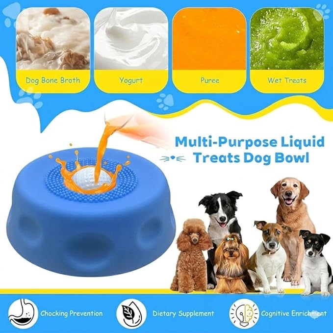 Slow Feeder Dog Bowls for Liquid Treat, Interactive Lick Bowl Anti-Slip Slow Feeder for Wet Food, Water & Treats Lick Toy for Large Medium Small Breeds Dietary Supplement/Post-op Nutrition (Blue)