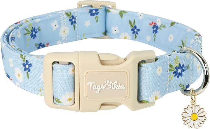 Dog Collar with Floral Patterns, Spring Summer Collection Blue Dog Collar with Exquisite Pendant, Durable Adjustable Collars for Gifts & Daily Use-S
