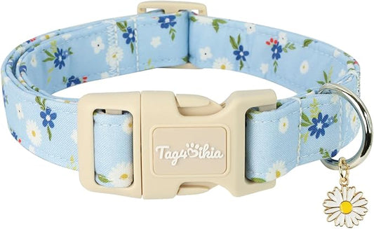 Dog Collar with Floral Patterns, Spring Summer Collection Blue Dog Collar with Exquisite Pendant, Durable Adjustable Collars for Gifts & Daily Use-S