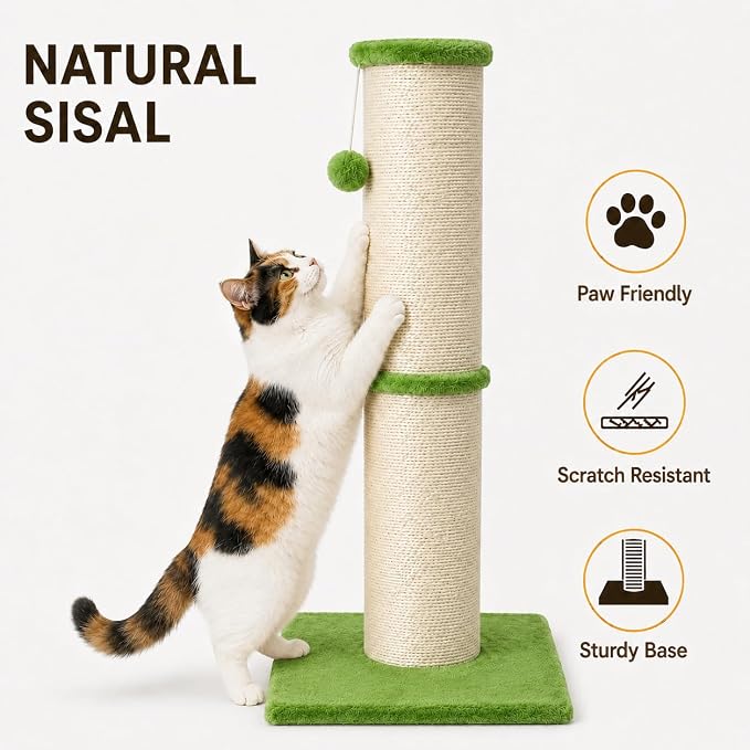 PAWSCRAT Cat Scratching Post 32 Inch High, 5.5 Inch Large Diameter Natural Sisal Cat Scratch Post, Scratch-Resistant and Durable Tall Cat Scratcher for Indoor Cats, Green