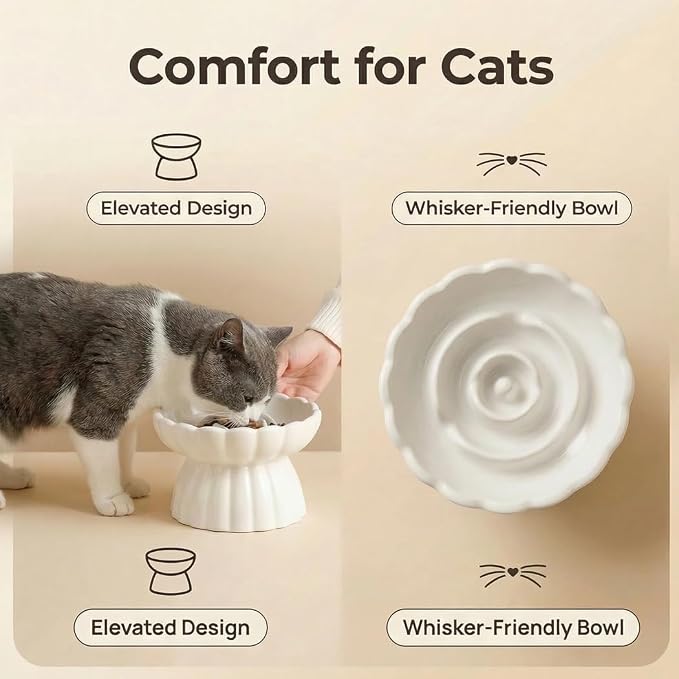 Ceramic Cat Slow Feeder, Raised Slow Feeder Cat Bowl, Anti Vomiting and Whisker Friendly Kitty Dish, Elevated Puppy Kitten Food Bowl for Dry and Wet Food (White)